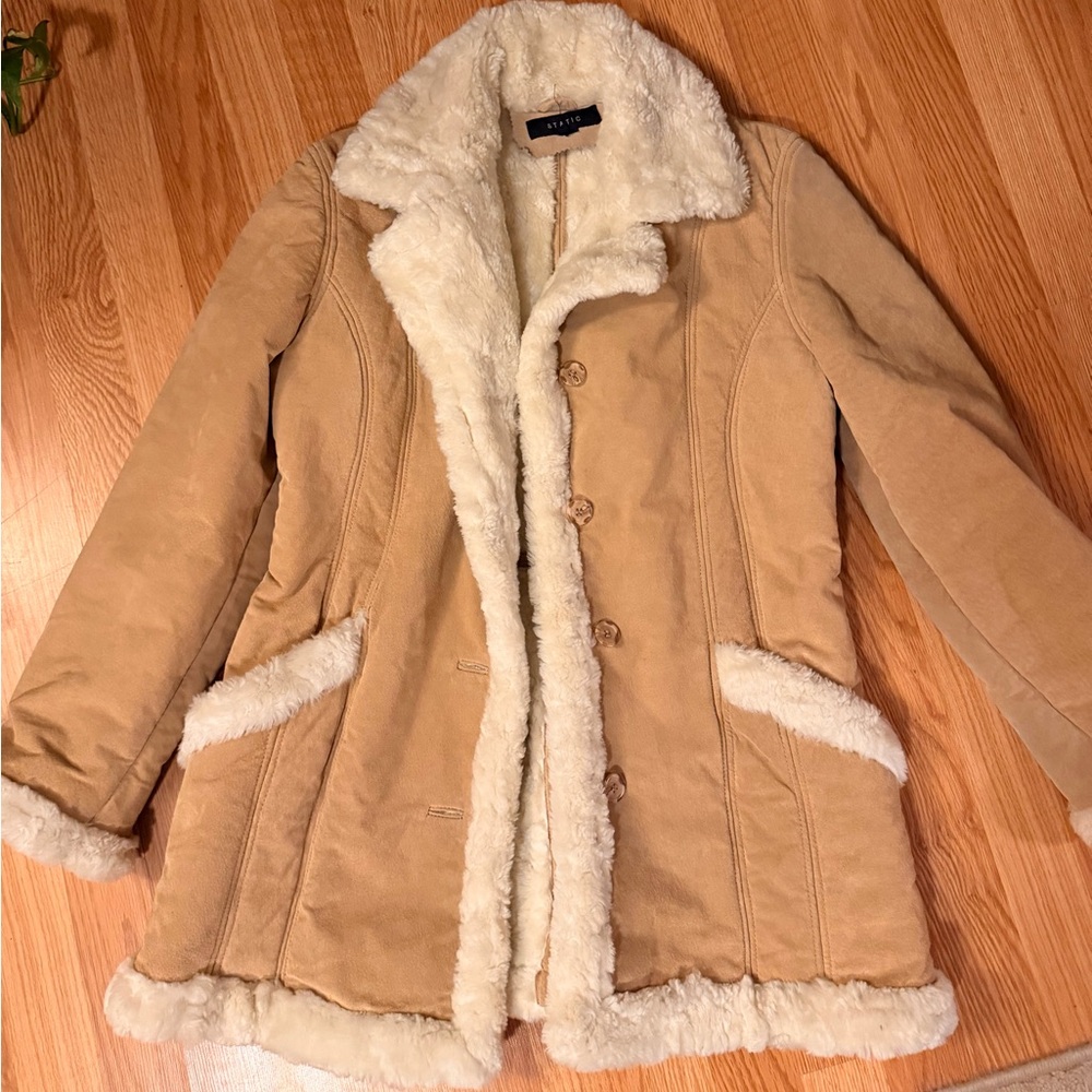 Stylish Tan Leather Teddy Coat with Cream Sherpa Trim